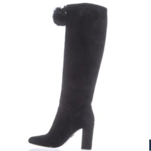 MICHAEL KORS MK Remi Suede Rabbit Fur Pom Pom Block Heel New In Box Size 8 - Picture 1 of 6
